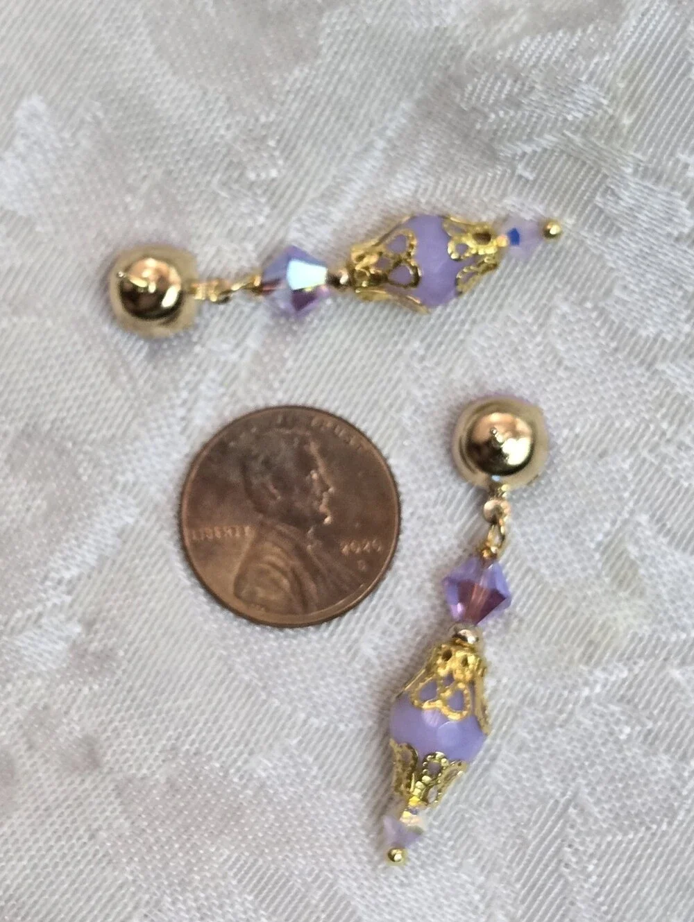 Victorian Delicate & Dainty Purple AB Swarovski & Glass In Gold Plated Earrings